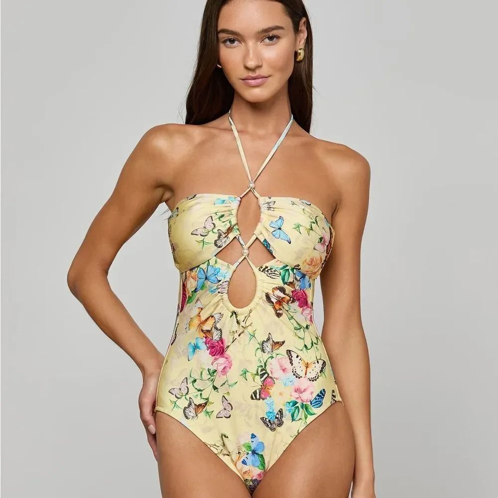 L'AGENCE Shive One Piece Pale Yellow Floral Butterfly One Piece Swimsuit